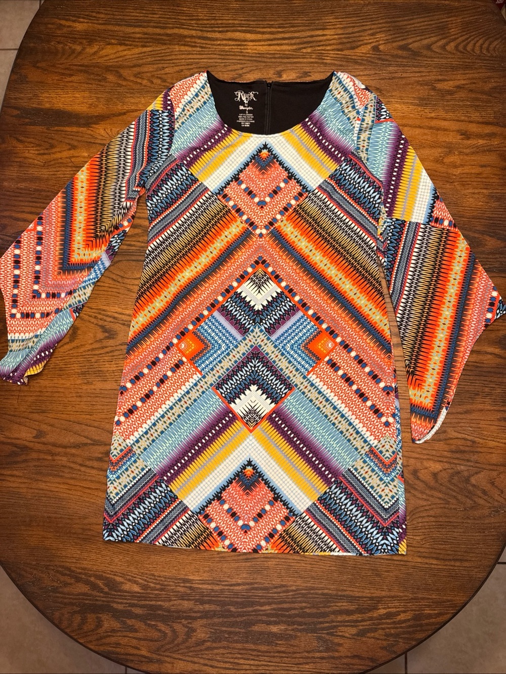 Rock 47 by Wrangler Dress Small Southwestern Print Bell Sleeve Cowgirl Western